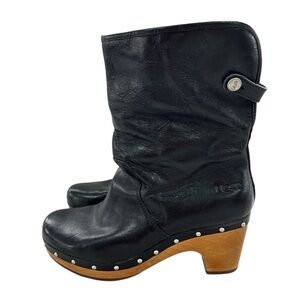 UGG Lynnae Black Leather Studded Wood Clog Heeled Pull On Style Boots 7